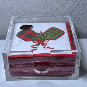 Holiday PICKLEBALL Cocktail Napkins with Napkin Holder Gift Set-BNIB